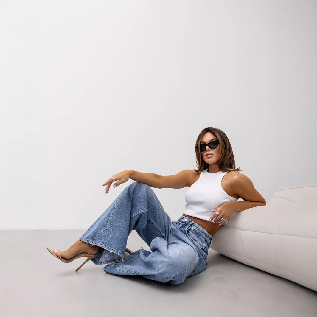 Retro straight leg jeans wide leg pants for women