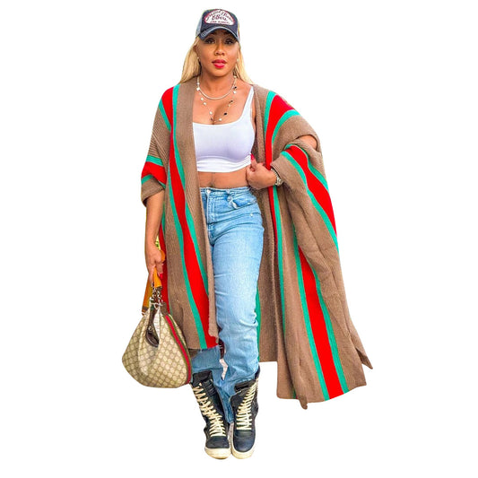 Fashion Women Knit Ribbed Striped Cutout Batwing Sleeve Open Stitch Oversized Sweater and Jumpers   Cardigan