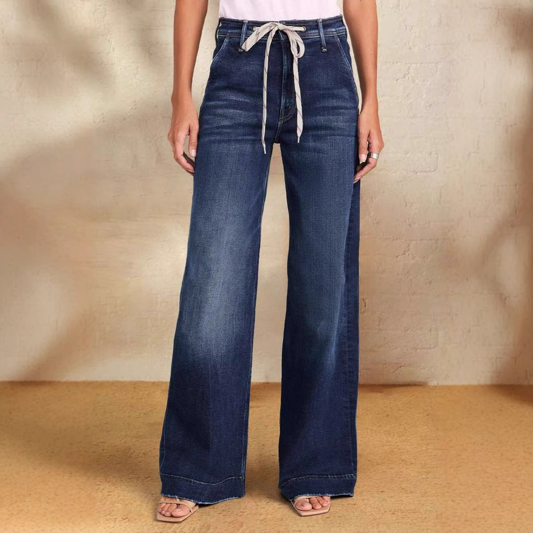 Women's lace up elastic jeans straight leg temperament wide leg pants
