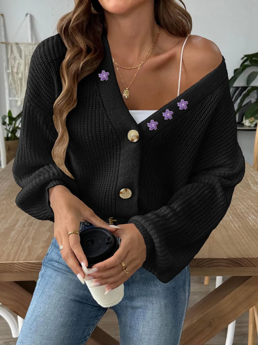 Autumn and winter flower embroidery sticker short button jacket sweater cardigan