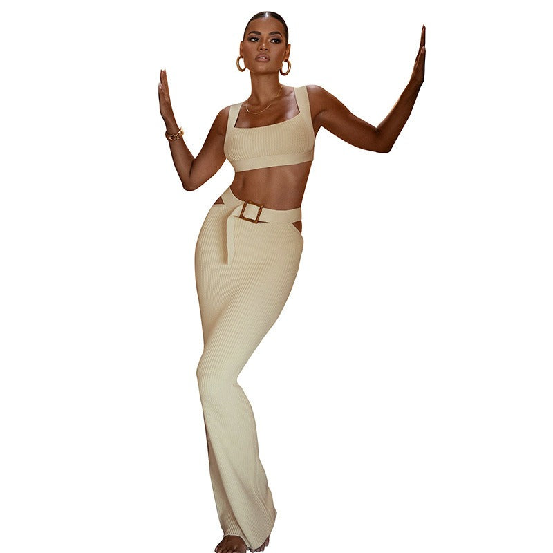 Temu long dress casual two-piece set, sexy buttocks, slimming suspender top, belt, temperament half skirt set