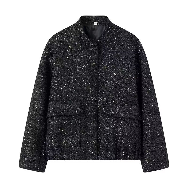 Bead embellished small stand collar jacket