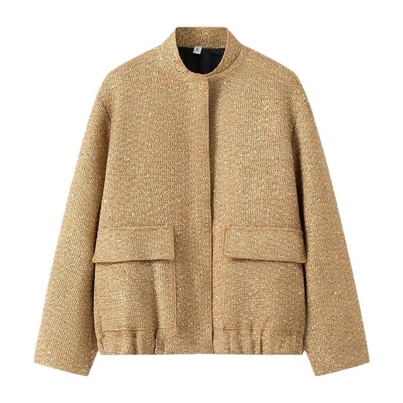 Bead embellished small stand collar jacket