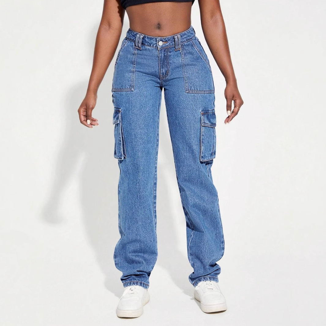Retro mid waist multi pocket workwear jeans for women's casual straight leg pants
