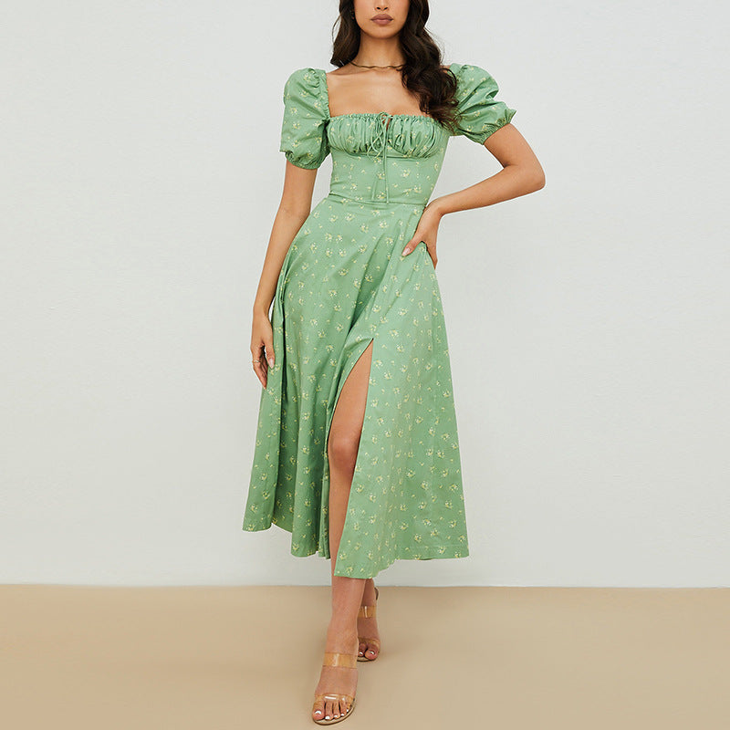 New Women's Summer Fashion Fashion Puff Sleeves Floral Lace High Slit Long Skirt Women's Dress Summer