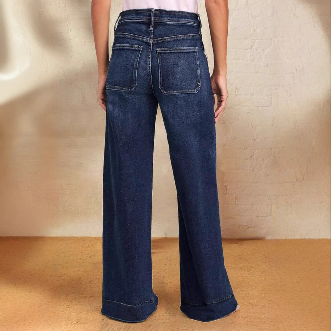 Women's lace up elastic jeans straight leg temperament wide leg pants