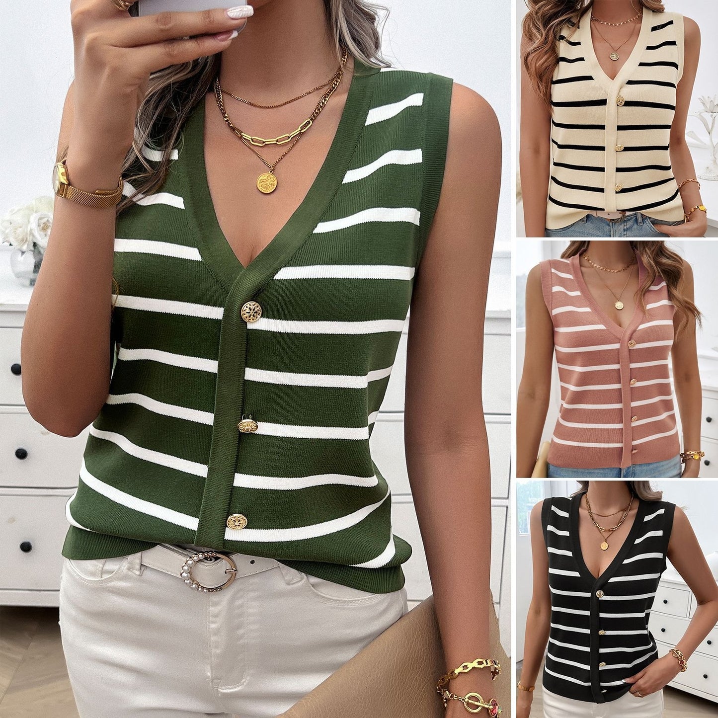 Spring and summer women's casual V-neck contrasting cardigan sweater for women