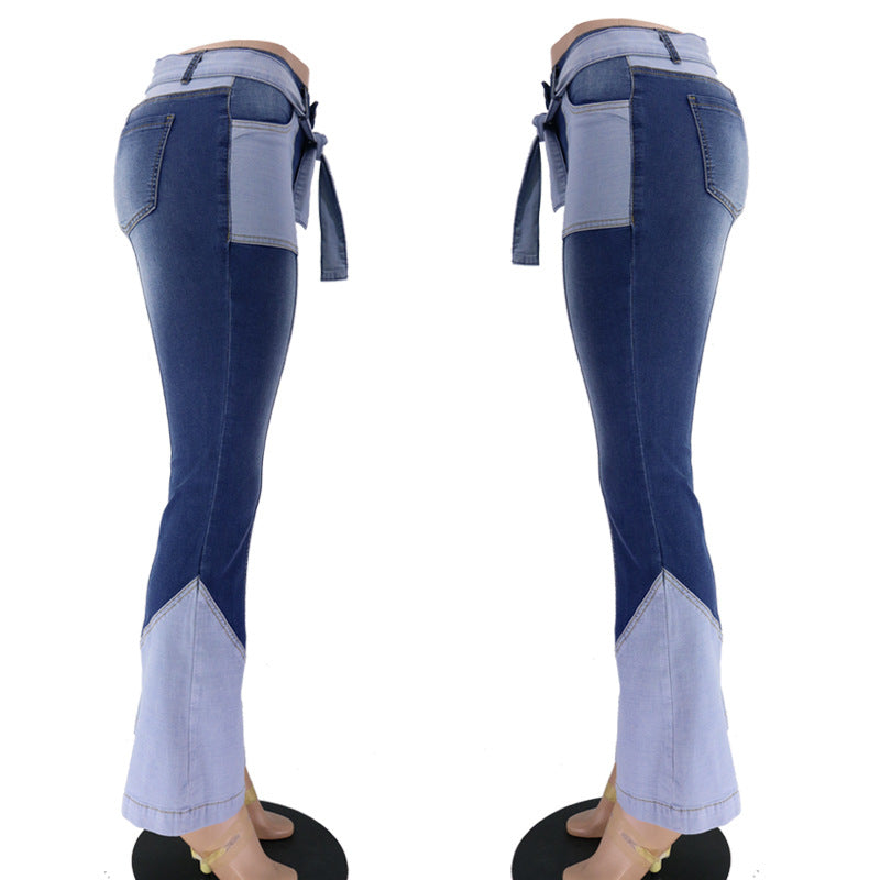 Retro high waisted two-color spliced waistband, high-quality European and American women's denim flared pants