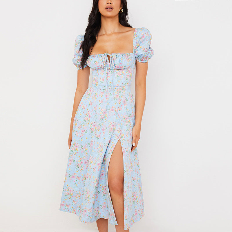 New Women's Summer Fashion Fashion Puff Sleeves Floral Lace High Slit Long Skirt Women's Dress Summer