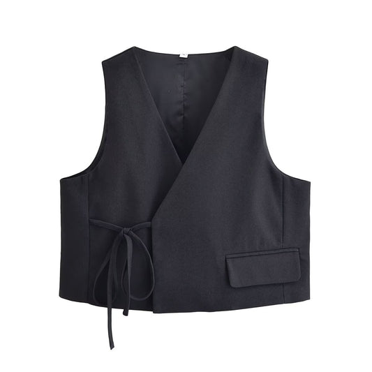 V-neck lace up loose vest jacket for women