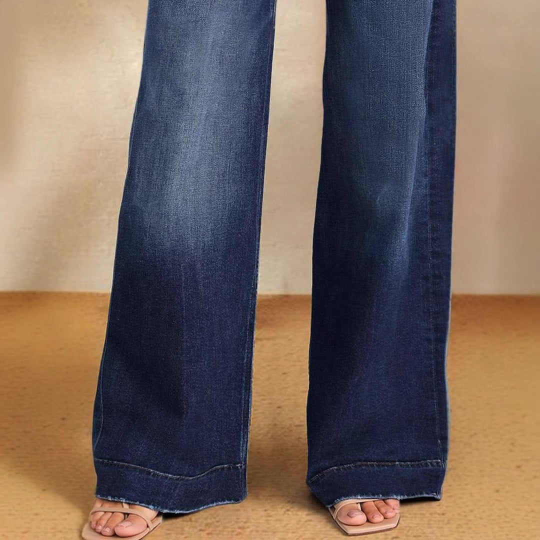 Women's lace up elastic jeans straight leg temperament wide leg pants