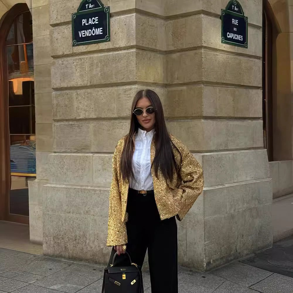 Bead embellished small stand collar jacket