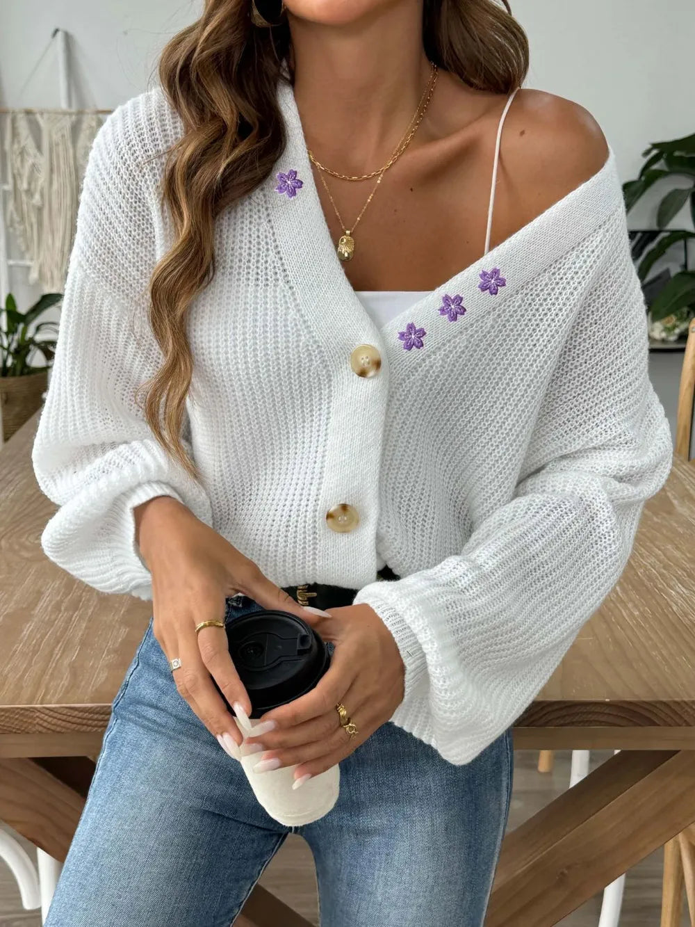 Autumn and winter flower embroidery sticker short button jacket sweater cardigan