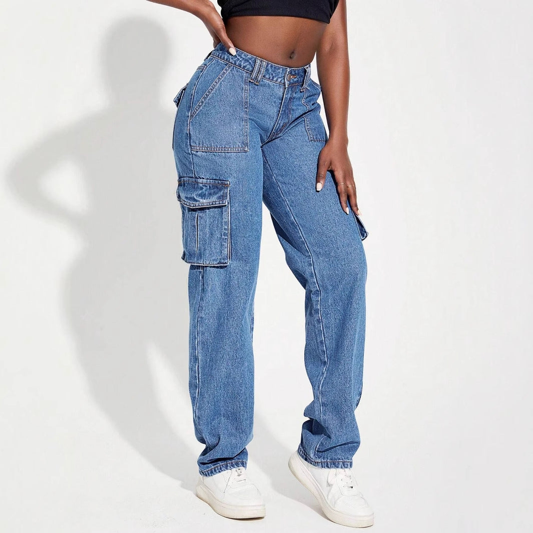 Retro mid waist multi pocket workwear jeans for women's casual straight leg pants