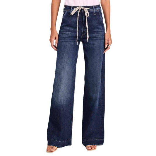 Women's lace up elastic jeans straight leg temperament wide leg pants