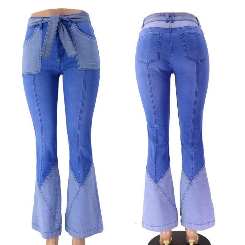 Retro high waisted two-color spliced waistband, high-quality European and American women's denim flared pants