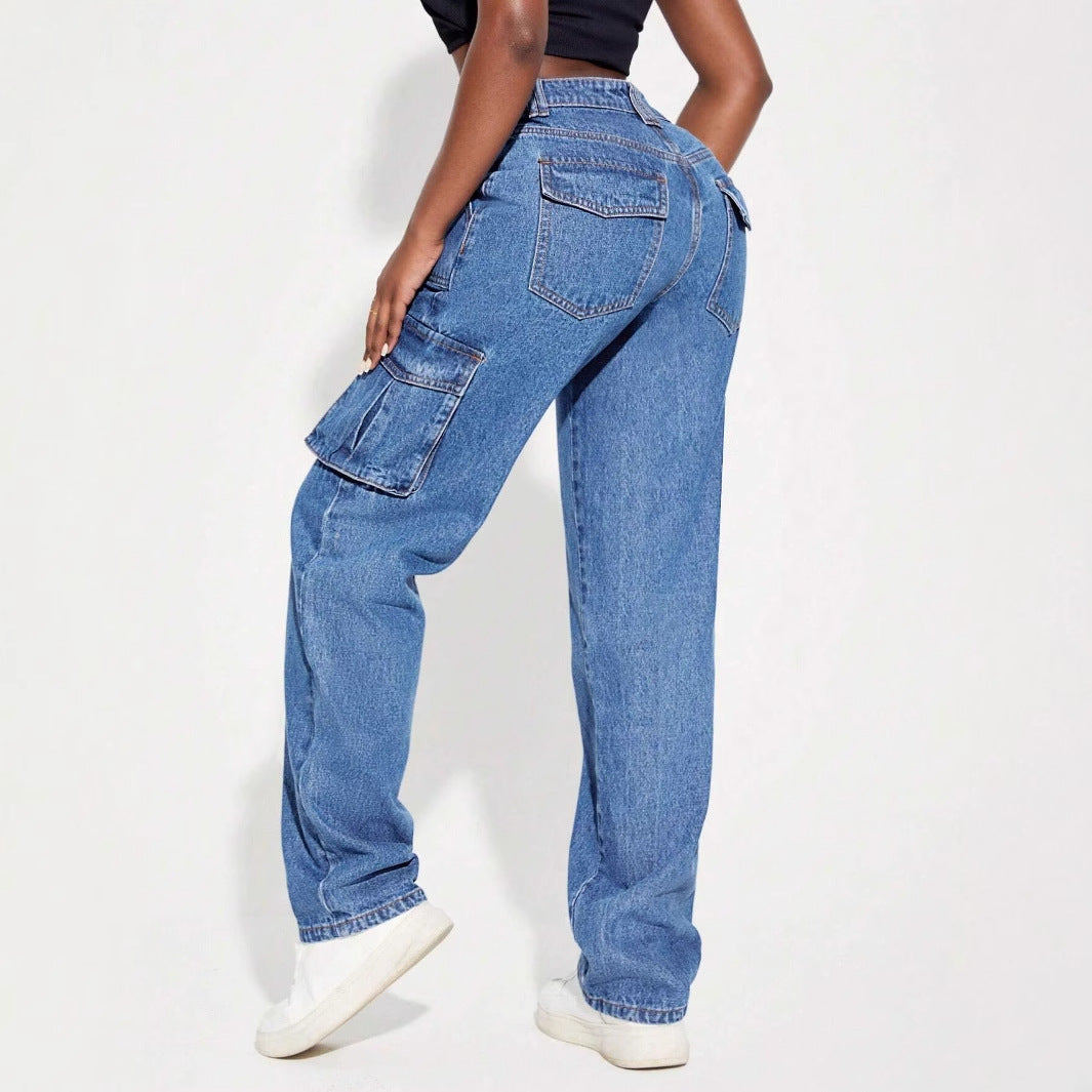 Retro mid waist multi pocket workwear jeans for women's casual straight leg pants