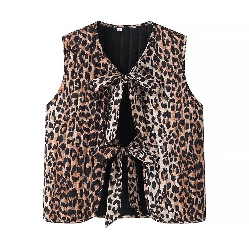 Leopard print lace up vest jacket for women