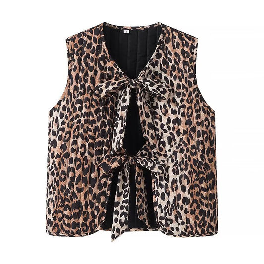 Leopard print lace up vest jacket for women