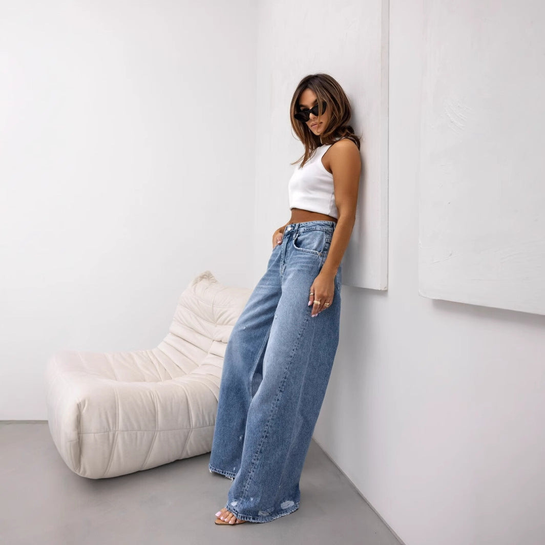 Retro straight leg jeans wide leg pants for women