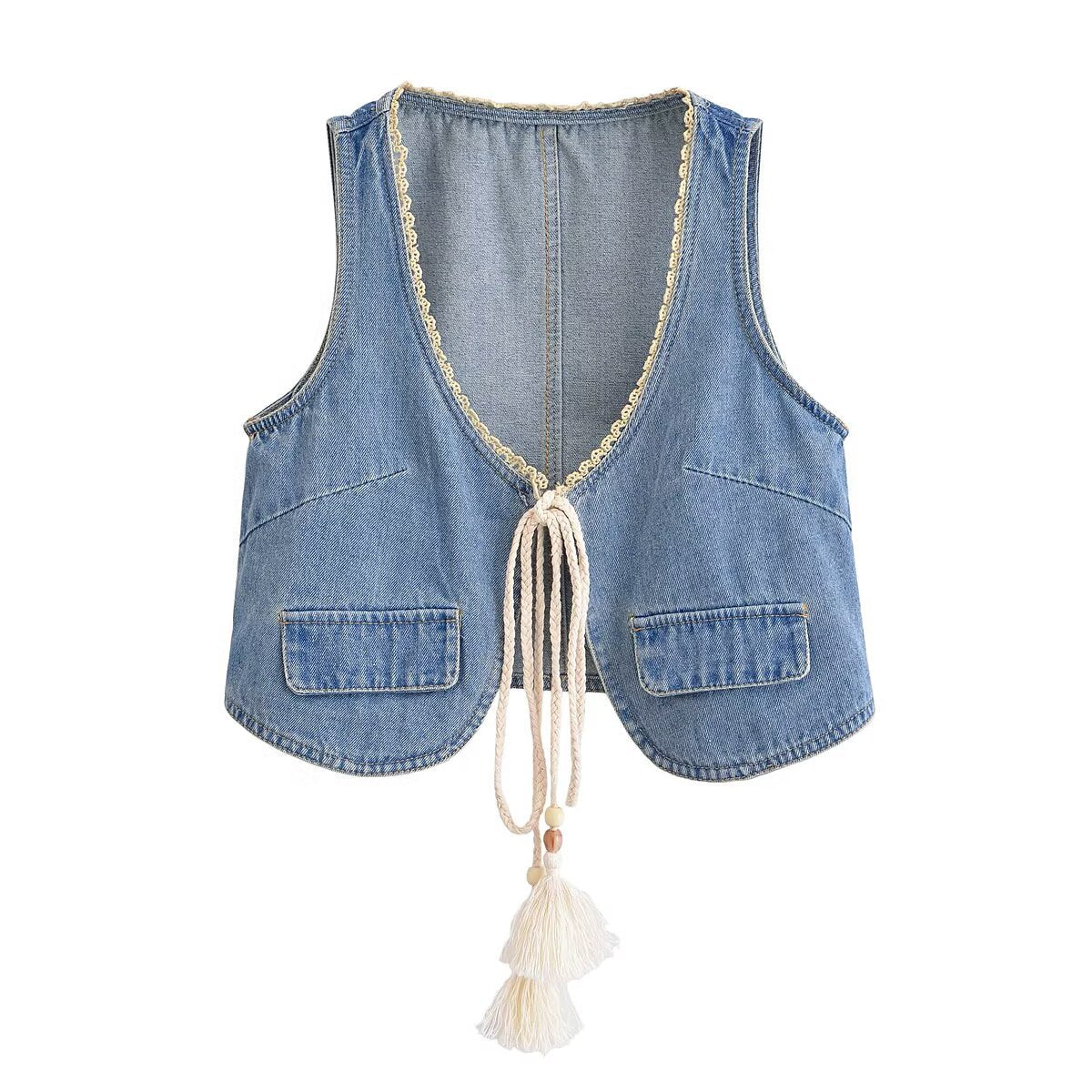Lace tassel lace up denim vest jacket