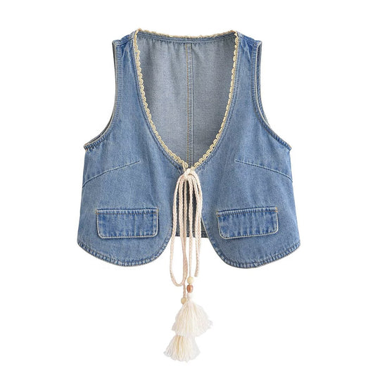 Lace tassel lace up denim vest jacket