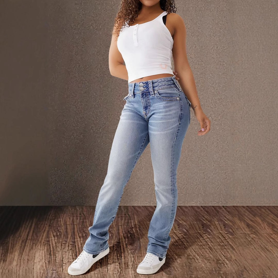 Double button mid waist straight leg jeans for women