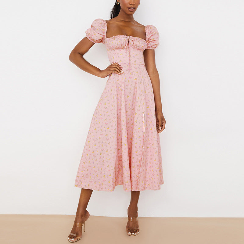 New Women's Summer Fashion Fashion Puff Sleeves Floral Lace High Slit Long Skirt Women's Dress Summer