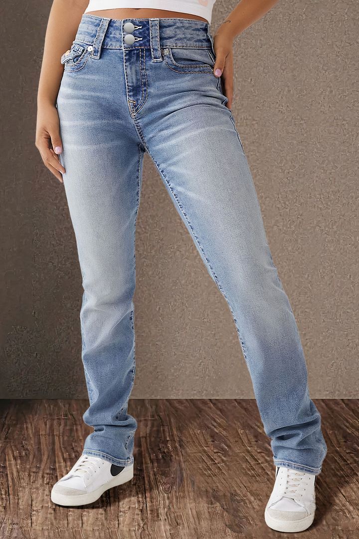 Double button mid waist straight leg jeans for women