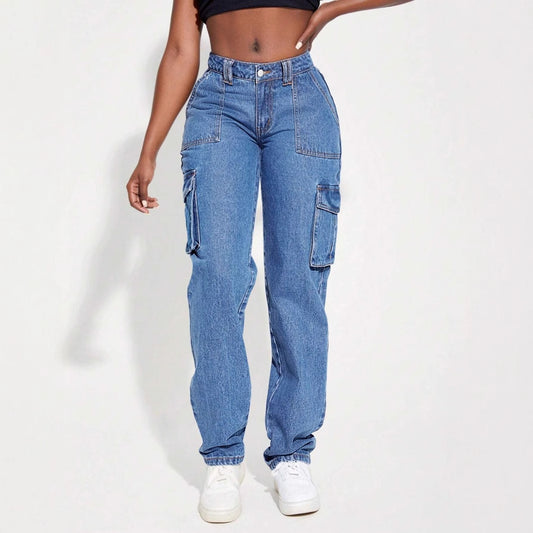 Retro mid waist multi pocket workwear jeans for women's casual straight leg pants