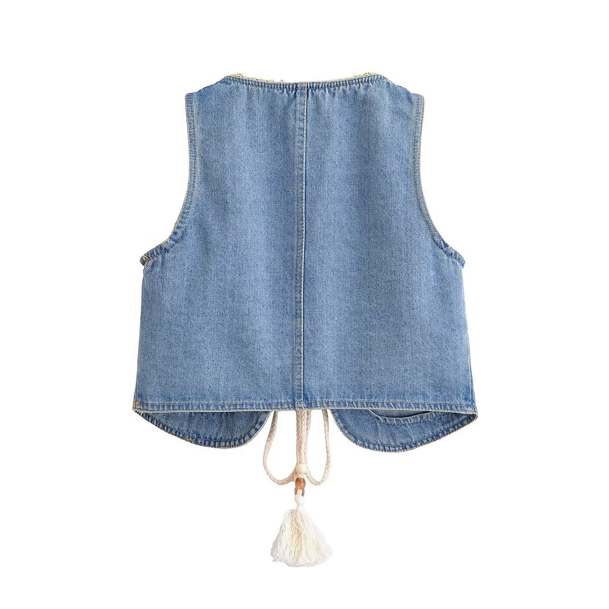 Lace tassel lace up denim vest jacket