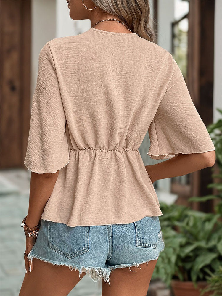 New European and American summer women's clothing wrapped in V-neck solid color shirt for women