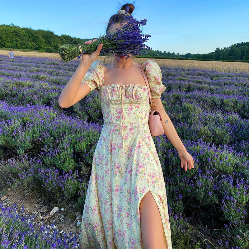 New Women's Summer Fashion Fashion Puff Sleeves Floral Lace High Slit Long Skirt Women's Dress Summer