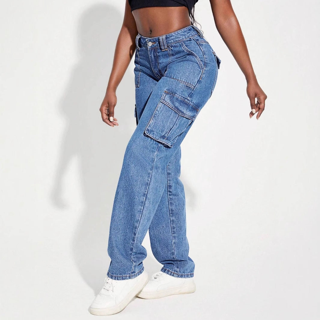 Retro mid waist multi pocket workwear jeans for women's casual straight leg pants