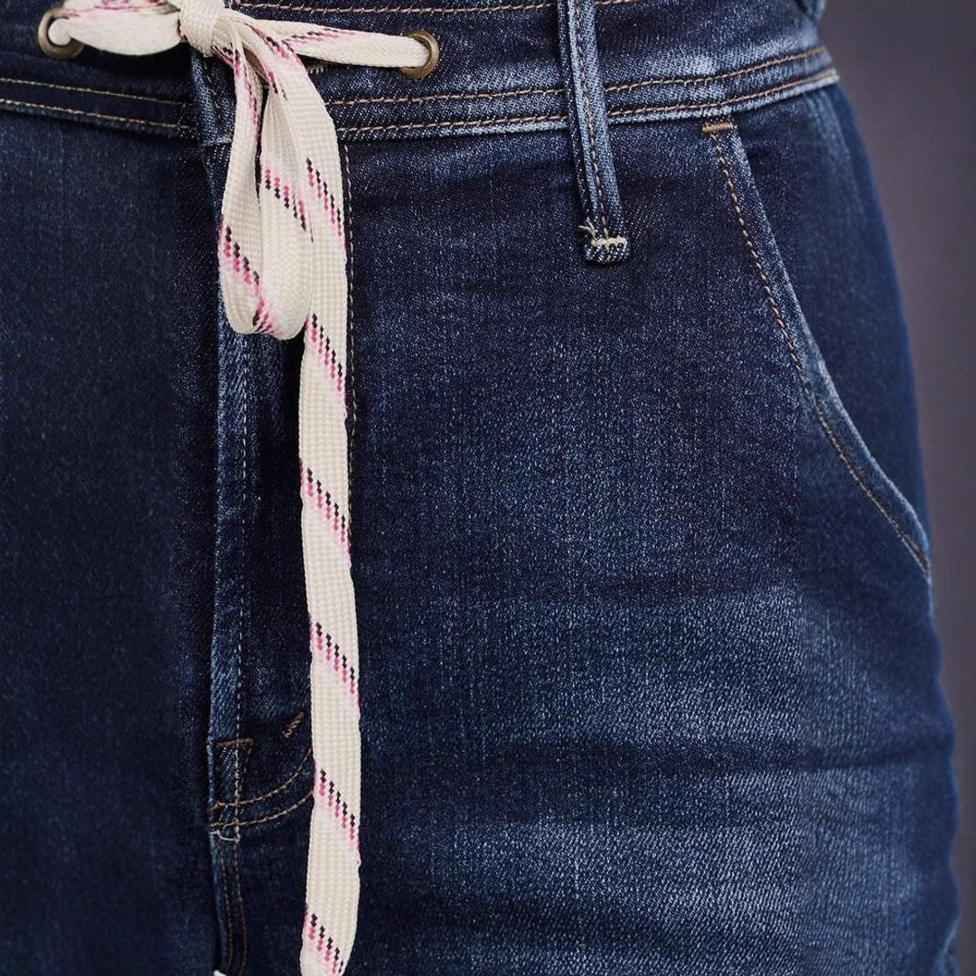 Women's lace up elastic jeans straight leg temperament wide leg pants