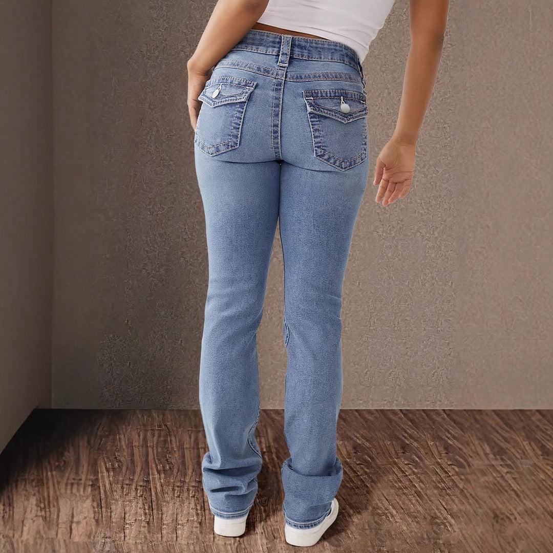 Double button mid waist straight leg jeans for women