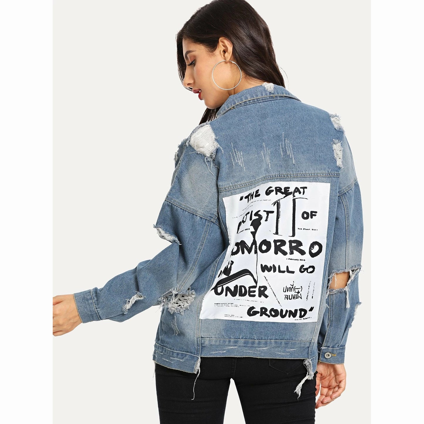 Basic Coat Bombers Vintage Fabric Patchwork Denim Jacket Women Cowboy Jeans  Autumn Frayed Ripped Hole Jean Jacket