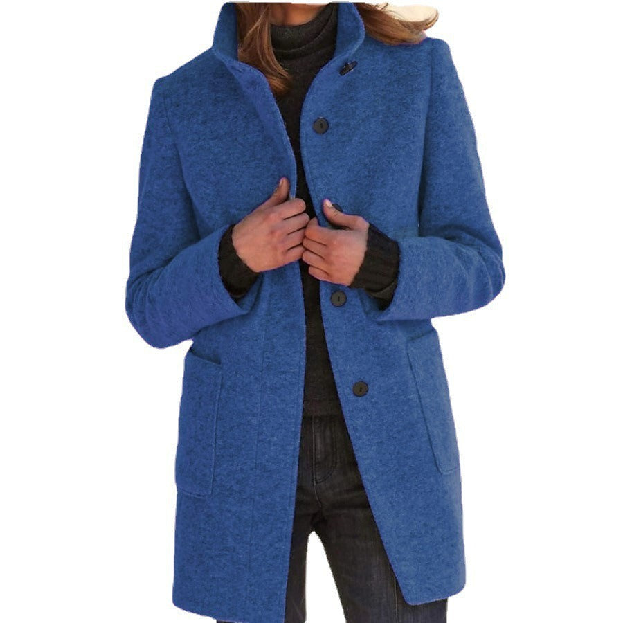 Autumn and Winter Women's New Retro Solid Button Standing Neck Woolen Coat