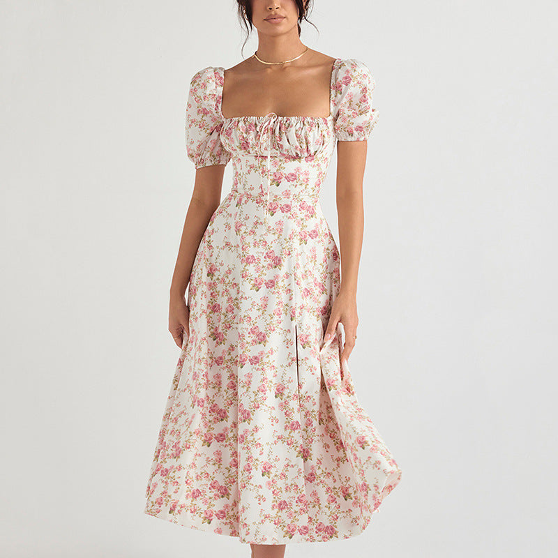 New Women's Summer Fashion Fashion Puff Sleeves Floral Lace High Slit Long Skirt Women's Dress Summer