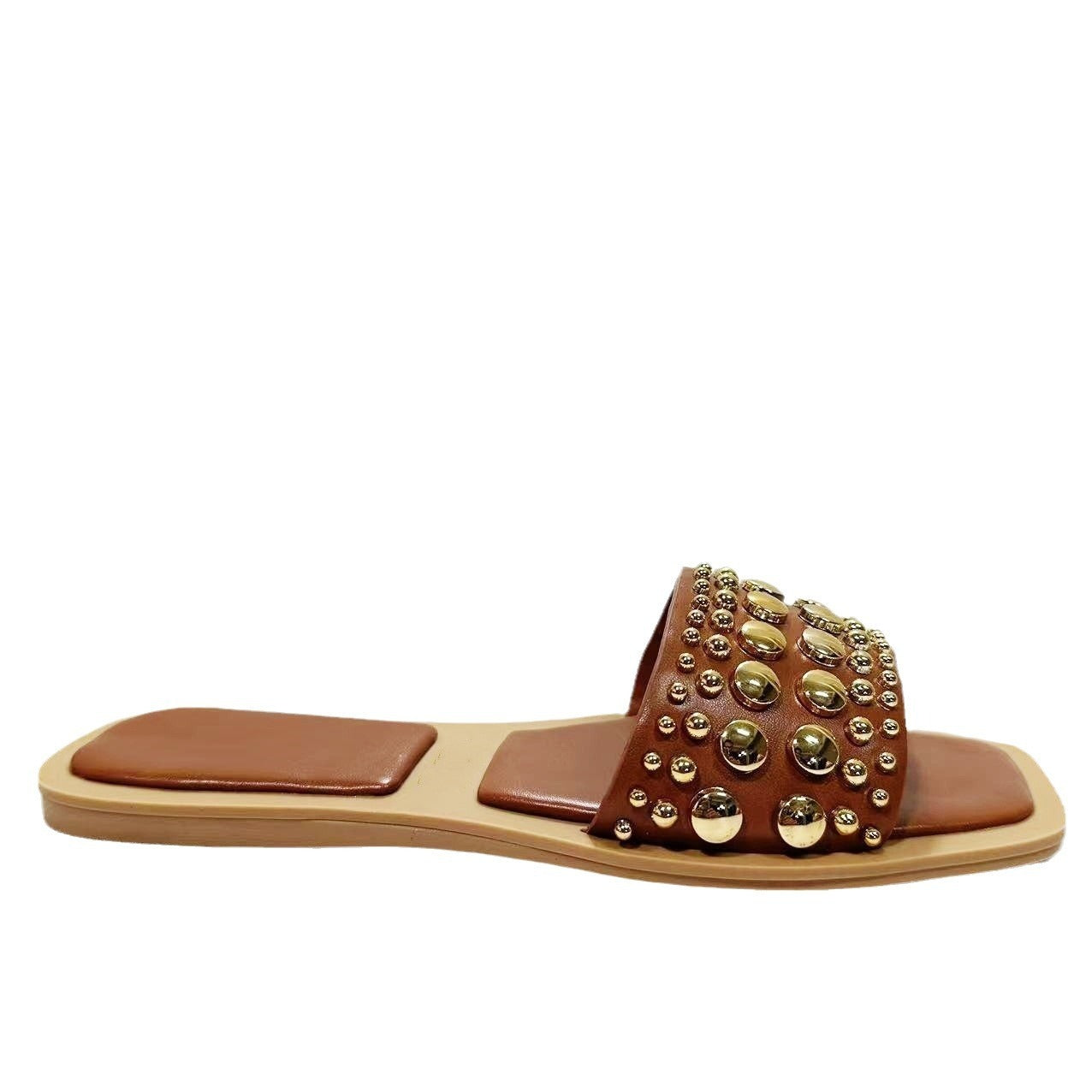 Flat sandals square toe open toe slippers with transparent rubber rivets