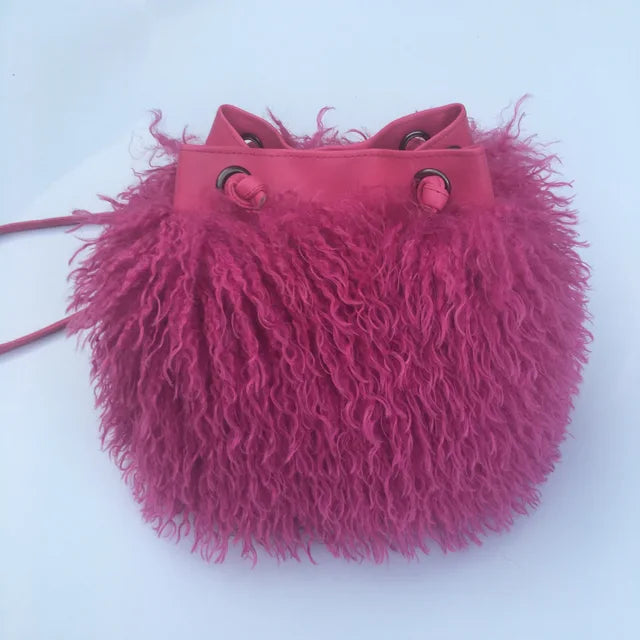 Long Fur Wool Bucket Bag Women  Luxury Mongolian Sheep Fur Bag Beach Faux Wool Fur One Shoulder Sling Handbag