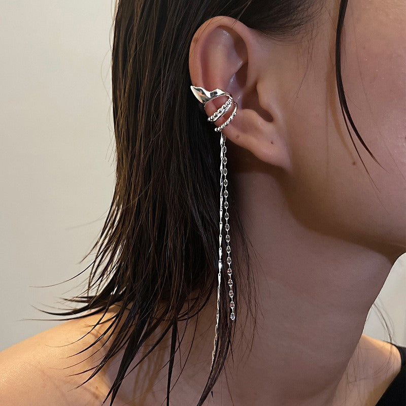 No pierced ears, long elf ear clips that show your face, small geometric gothic style long chain ear bone earrings