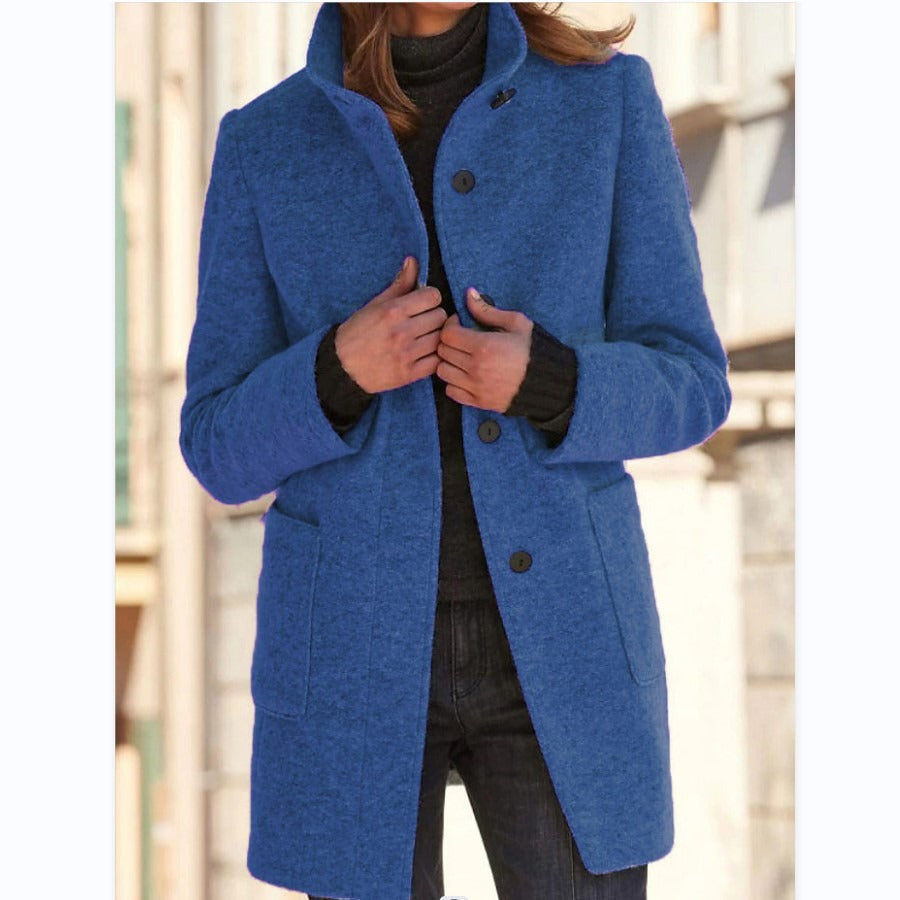 Autumn and Winter Women's New Retro Solid Button Standing Neck Woolen Coat