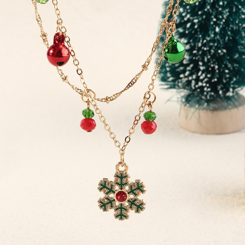 Holiday Jewelry New Fashion Christmas Bell Snowflake Necklace Double Layer Clavicle Chain Female