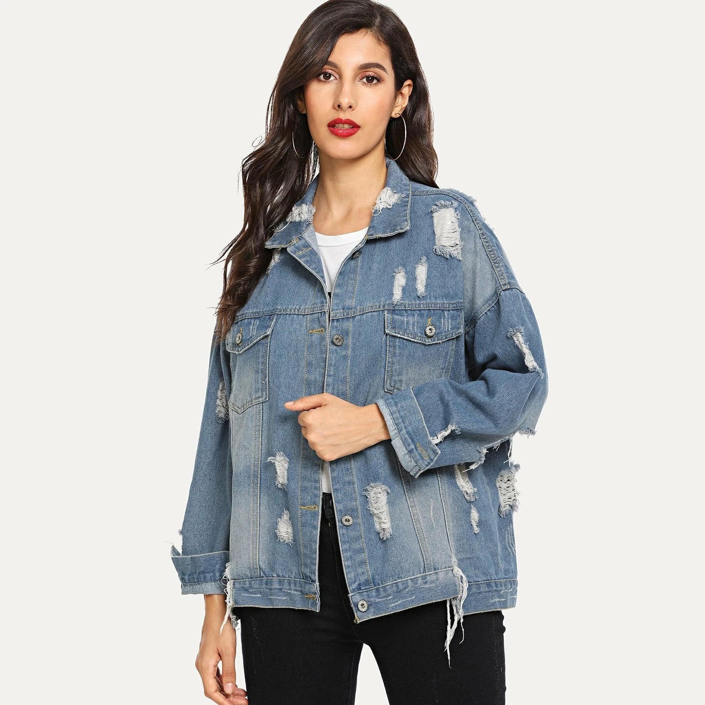 Basic Coat Bombers Vintage Fabric Patchwork Denim Jacket Women Cowboy Jeans  Autumn Frayed Ripped Hole Jean Jacket