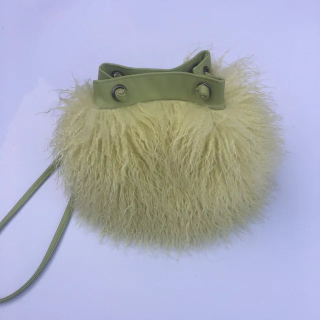 Long Fur Wool Bucket Bag Women  Luxury Mongolian Sheep Fur Bag Beach Faux Wool Fur One Shoulder Sling Handbag