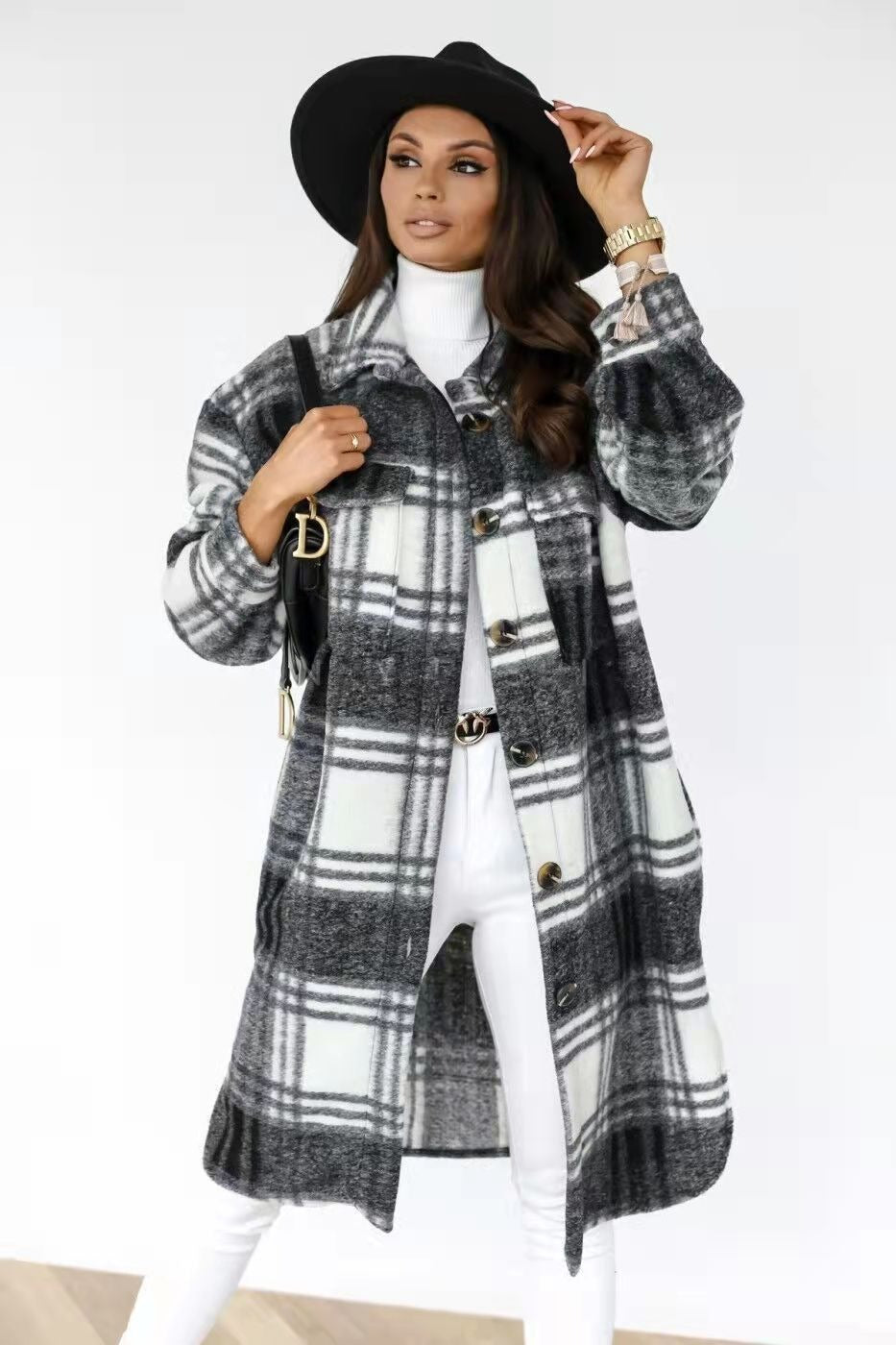 Spring and Autumn New Women's Checkered Brushed Medium length Woolen Coat