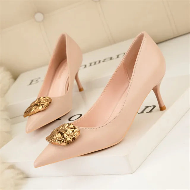 High Heels Women Pumps Autumn Soft Leather Stiletto Sexy Party Shoes  Black Ladies Pointed Metal Buckle Work Shoes