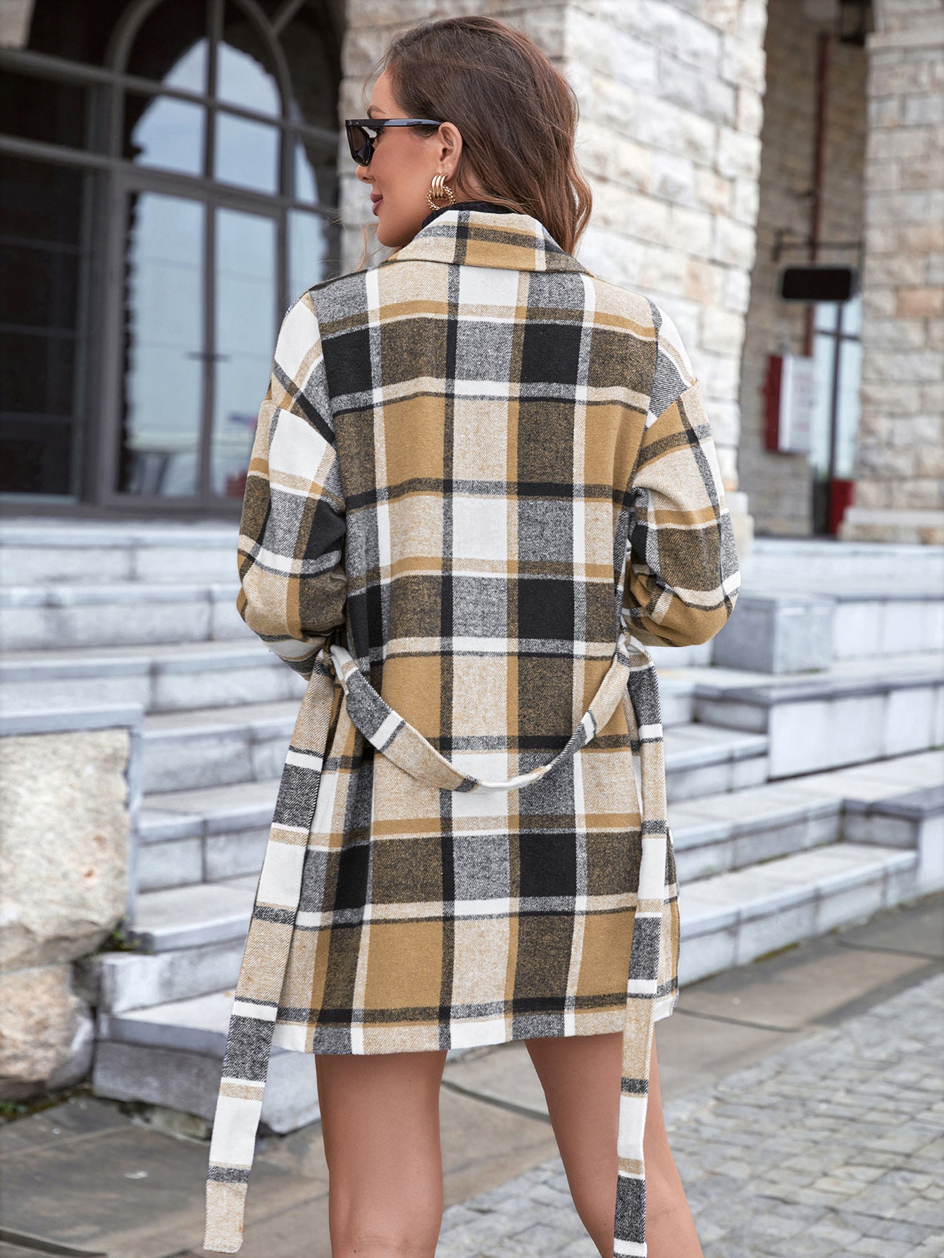 Leisure plaid lapel belt trench coat woolen loose plaid shirt cardigan coat