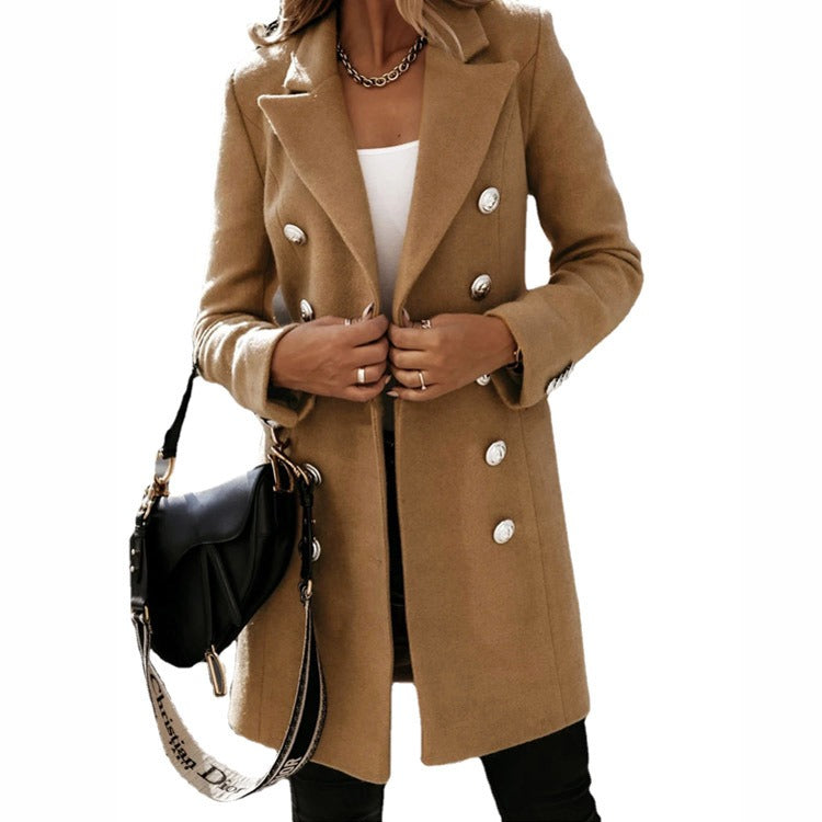 Autumn and winter long sleeved suit collar double breasted women's coat